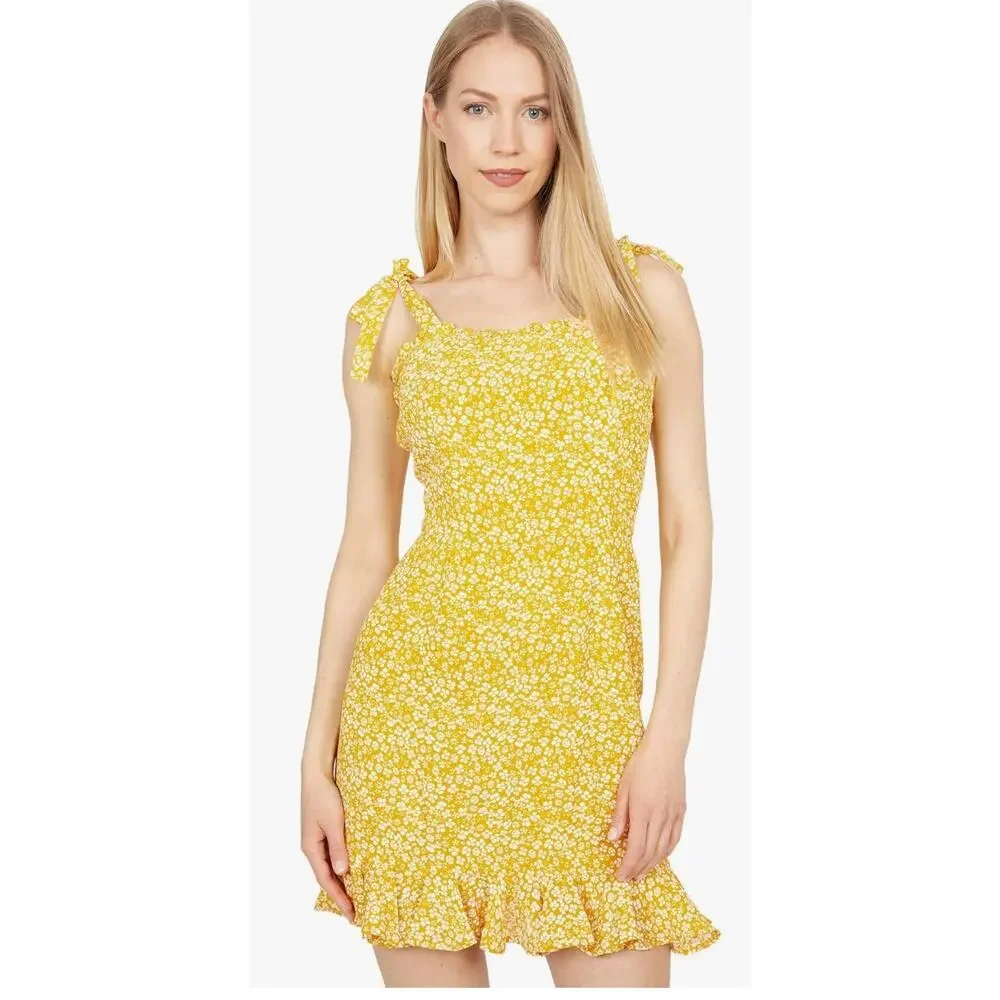 Bardot Yellow Microfloral‎ Tie Strap Mini Dress Ruffle Summer Women Size 4 XS